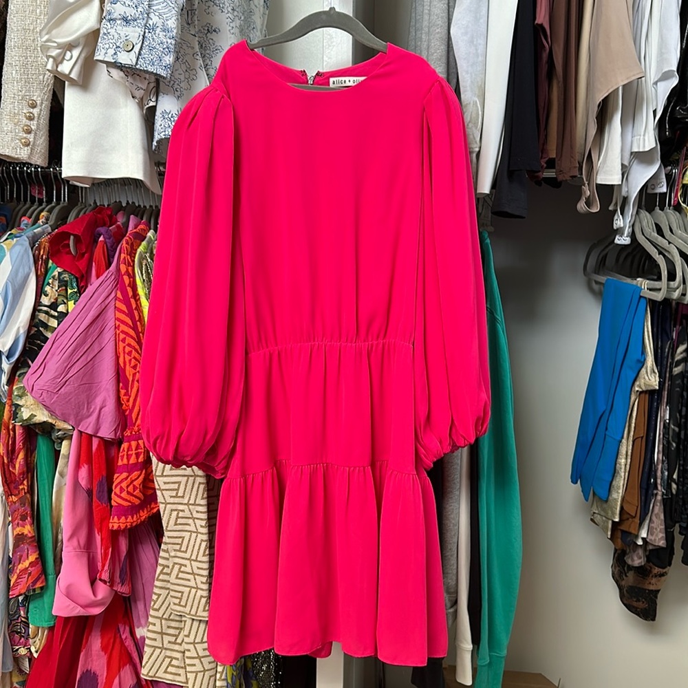 Alice + Olivia Hot Pink Long Sleeve Tiered Mini Dress